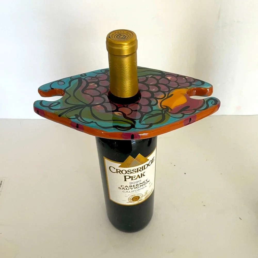 Handcrafted Wine Bottle and Glasses Holder Hand Painted grapes and pears design